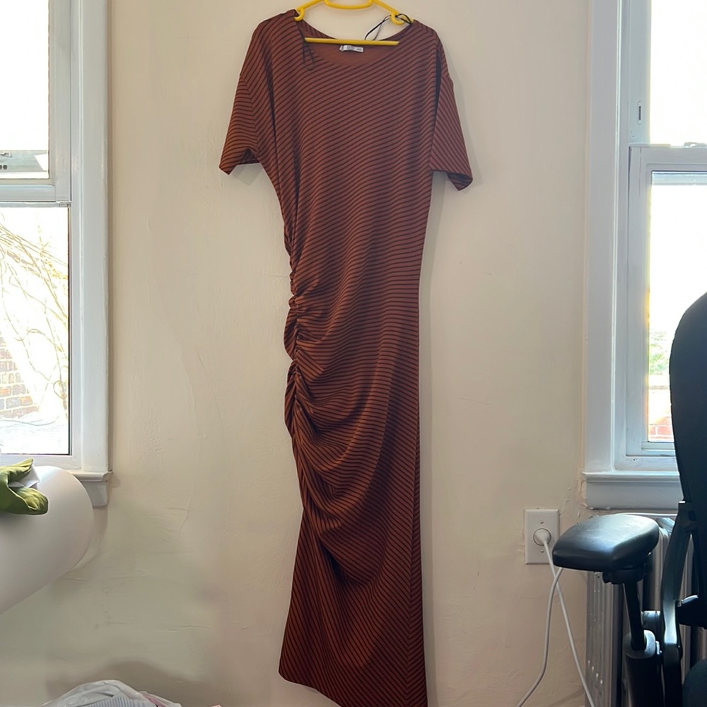 Zara body con dress, maxi, cinched waist asymmetrical bottom.